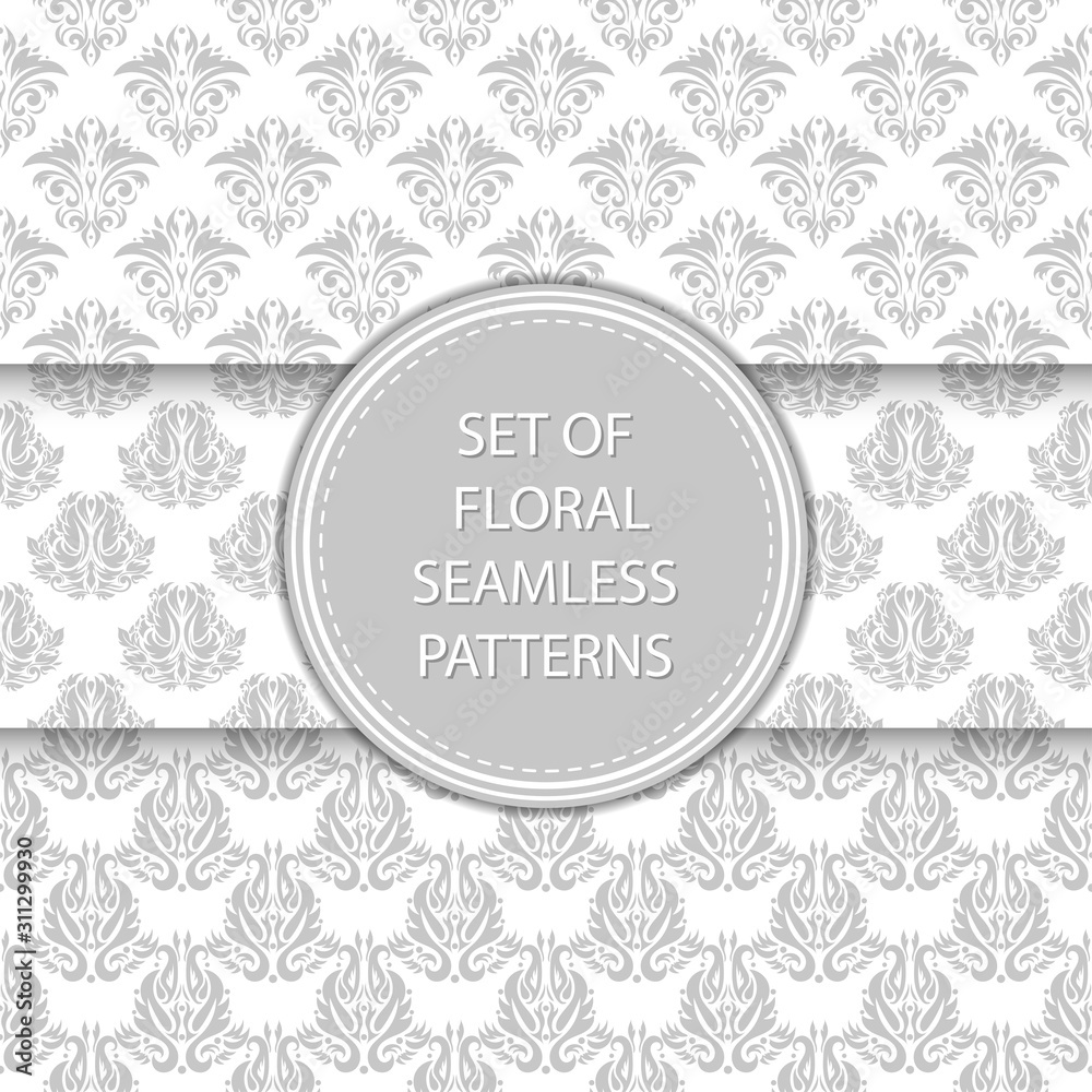 Gray and white floral seamless patterns. Compilation of designs with flowers