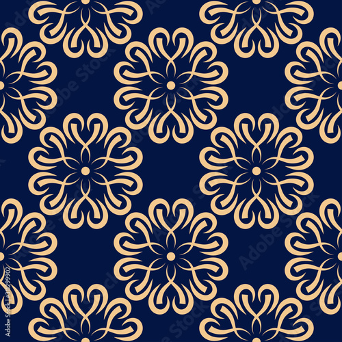 Golden floral seamless pattern on dark blue background