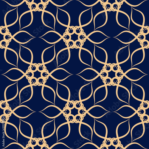 Dark blue seamless background with golden pattern. Arabic ornament