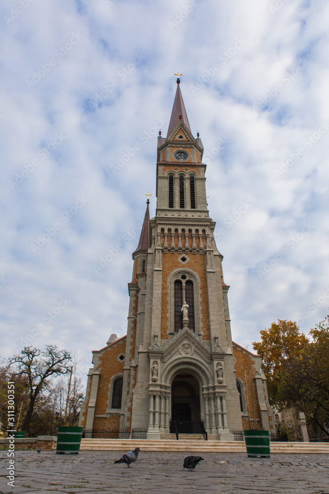 Saint Francis of Assisi Church of Ferenc in Budapest with clouds on background