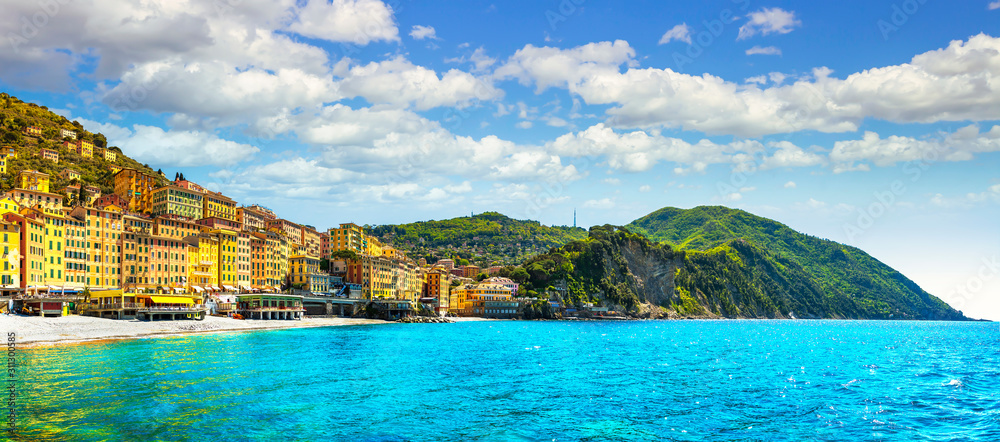 Camogli beach and typical colorful houses. Ligury, Italy