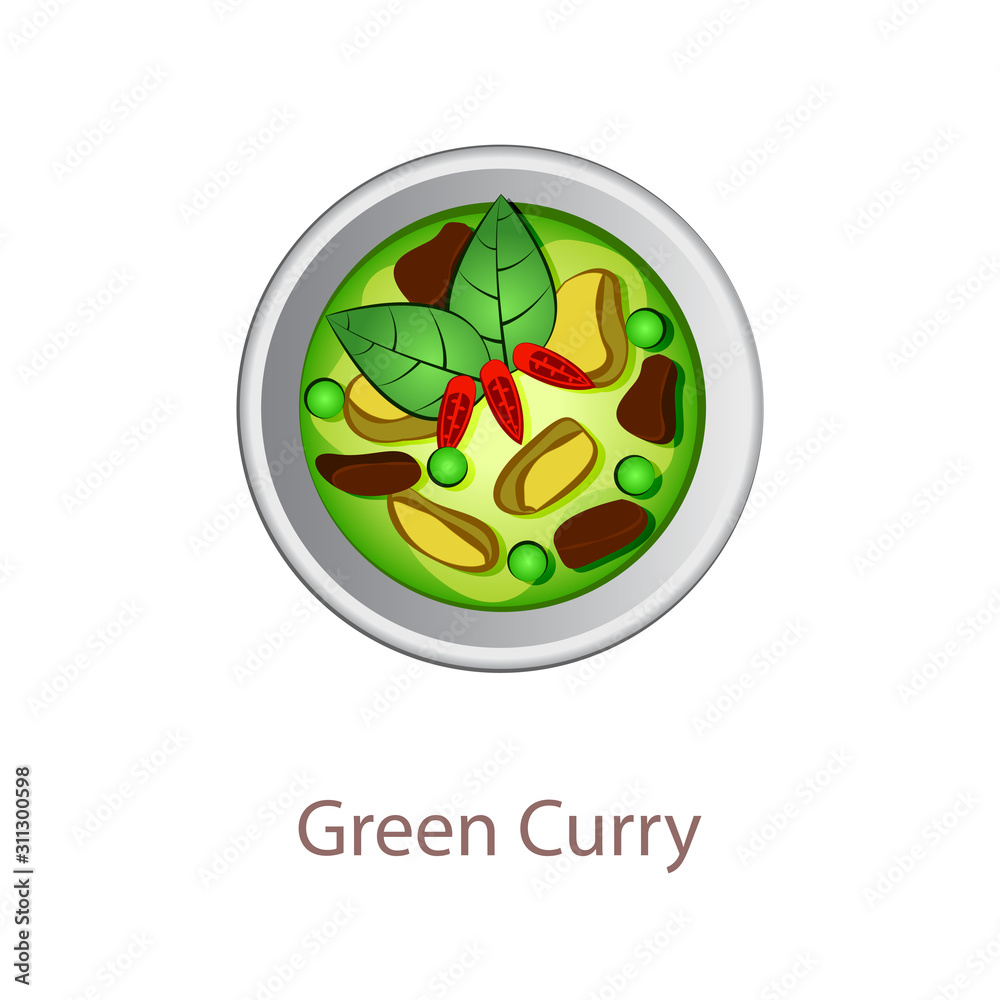 top view of popular food of Thailand,Green Curry,in cartoon vector design