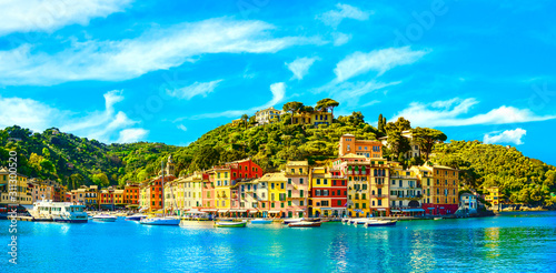 Portofino luxury village landmark, panorama view. Liguria, Italy