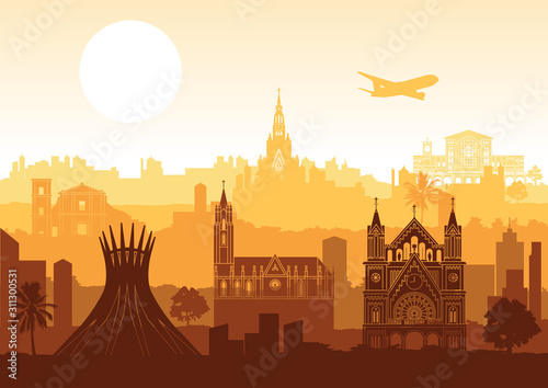 Brazil famous landmark silhouette style with row design on sunset time