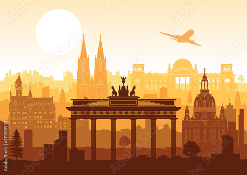 Germany famous landmark silhouette style with row design on sunset time