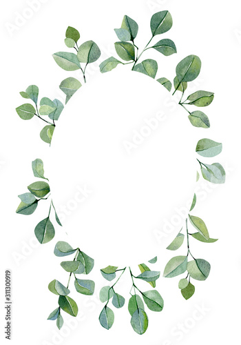 Watercolor banner with hand painted silver dollar eucalyptus. Green branches and leaves isolated on white background.  Floral illustration for wedding inspiration card  template.