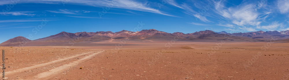 Panoramic view of a track on the altiplano in Bolivia