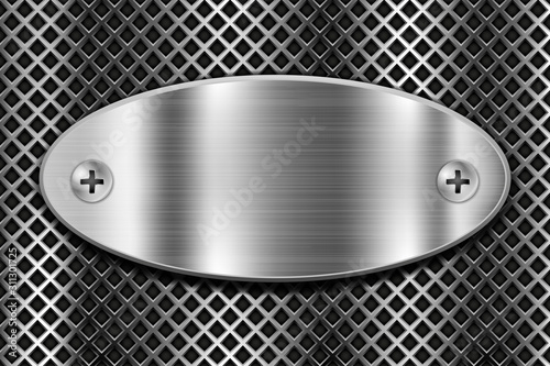 Metal oval shield on perforated background