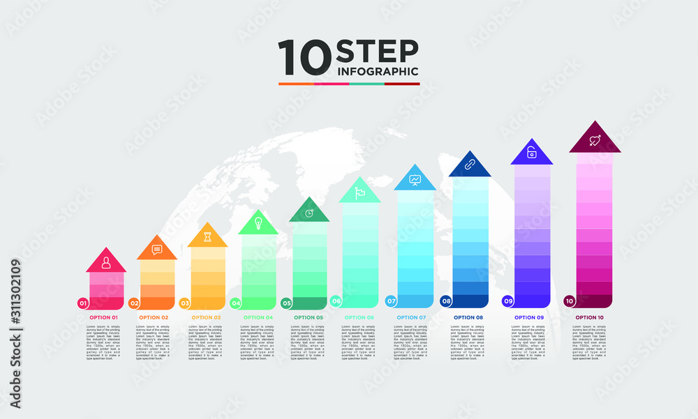 Obraz premium 10 step arrow infographic element. Business concept with 4 options and number, steps or processes. data visualization. Vector illustration.