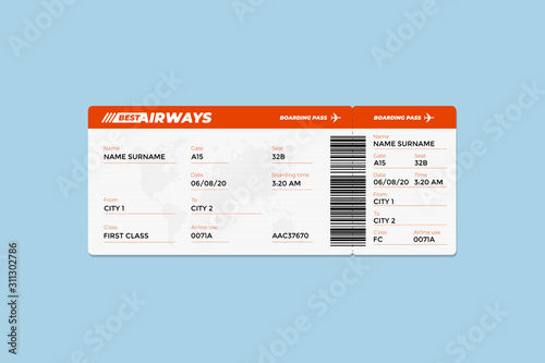 Realistic airline flight ticket boarding pass design template with first class passenger name and barcode. Air travel by airplane red document vector illustration