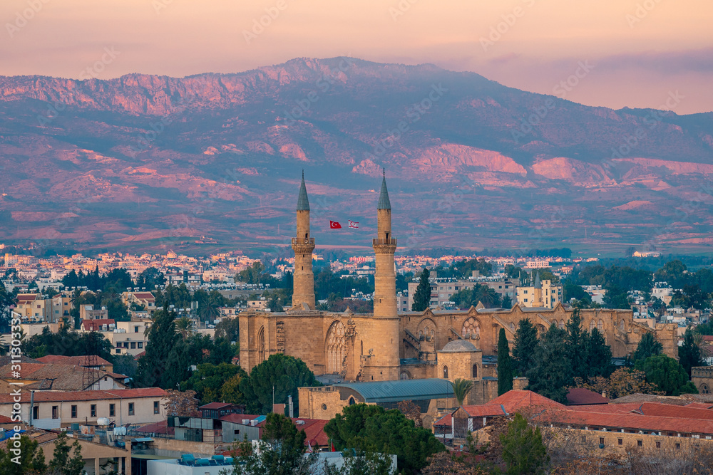 Beautiful aerial view over old town of Nicosia, Northern Cyprus and Selimiye Mosque in Cyprus