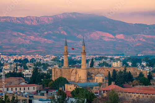 Obraz na płótnie Beautiful aerial view over old town of Nicosia, Northern Cyprus and Selimiye Mosque in Cyprus w salonie