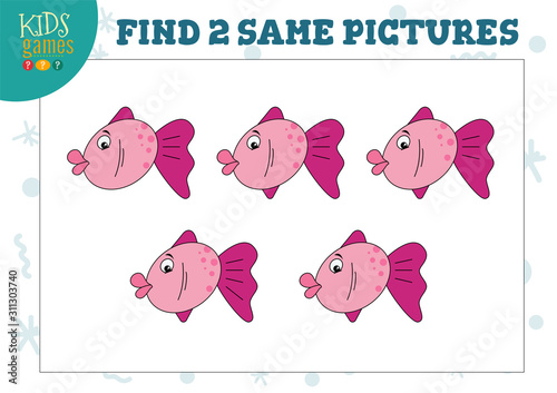 Find two same pictures kids game vector illustration