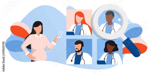 woman with phone, doctors team medical staff portraits. Patient online searching therapist via smartphone. Mobile app to find a specialist, medical insurance, telemedicine. For banner, flyer, landing