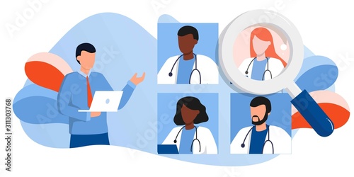 man with laptop, doctors team medical staff portraits. Patient online searching therapist via internet. Mobile app to find a specialist, medical insurance, telemedicine. For banner, flyer, landing