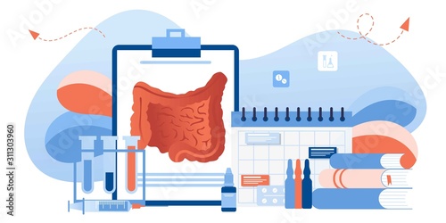 Digestive system health. Treat dysbiosis, harmful bacteria, intestine doctor examine. Doctor appointment. Online consultation. Human anatomy healthcare medical concept. For landing page, banner, flyer