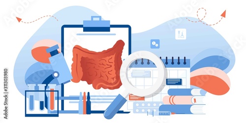 Digestive system health. Treat dysbiosis, harmful bacteria, intestine doctor examine. Doctor appointment. Online consultation. Human anatomy healthcare medical concept. For landing page, banner, flyer