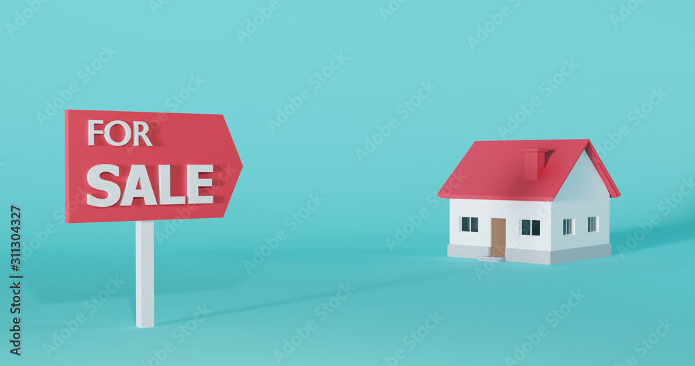 3d model of red roof house with sale sign isolated on blue background. Concept of buy, rent home, investment, real agent. 3d render illustration. 3d model of red roof house with sale sign isolated on blue background. Concept of buy, rent home, investment, real agent. 3d render illustration.