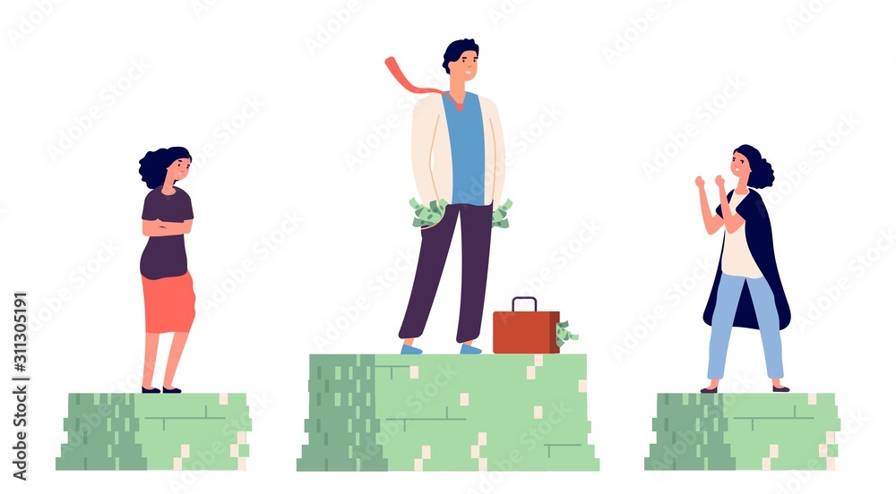 Gender wage gap. Unequal incomes concept. Male and female flat vector characters. Illustration gender income unequal, salary gap and discrimination Gender wage gap. Unequal incomes concept. Male and female flat vector characters. Illustration gender income unequal, salary gap and discrimination