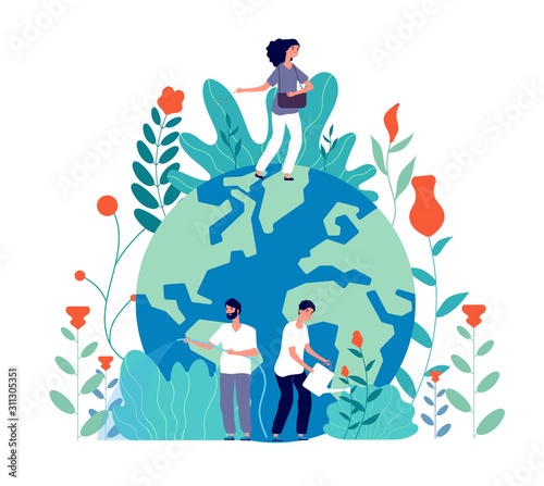 People take care earth. Volunteers cleaning green planet, planting and watering flowers, globe ecological idea, poster vector concept. Illustration ecology world, nature planet and volunteering