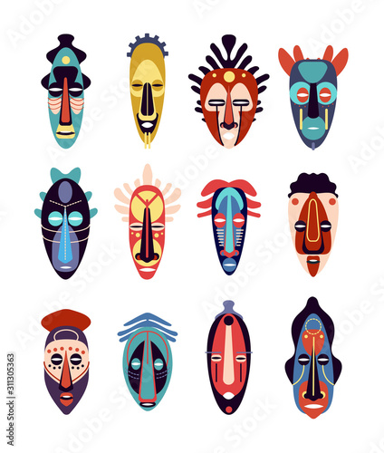 African mask. Colorful ethnic tribal ritual masks of different shapes, ceremonial hawaiian, aztec tiki totem indigenous flat vector set. Illustration ethnic and african mask tribal face