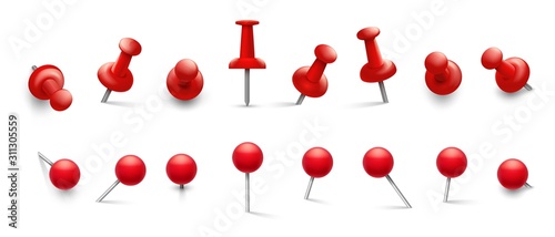 Red thumbtack. Push pins in different angles for attachment. Pushpins with metal needle and red head isolated vector set. Illustration thumbtack attach, office pushpin for paper photo