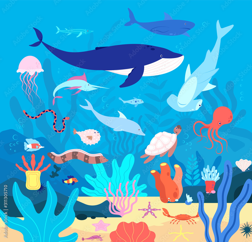 Underwater. Cute undersea animals, cartoon sea wildlife. Happy aquarium