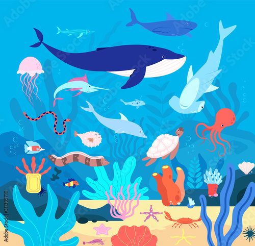 Underwater. Cute undersea animals, cartoon sea wildlife. Happy aquarium habitat, oceanic fishes and mammals. Marine life vector background. Sea and coral exotic, wildlife natural ocean illustration © MicroOne
