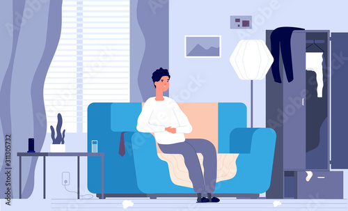 Apathetic man. Indifferent tired boy, male depression disorder. Exhausted unhappy guy on couch and mess in room. Depressed vector concept. Illustration male tired and relaxation, fatigue and man © MicroOne
