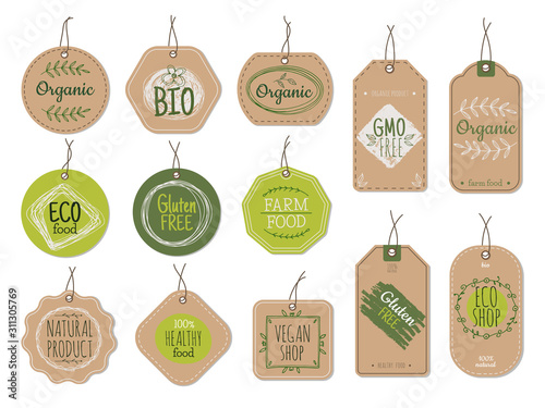 Organic cardboard labels. Eco paper badges, green farm nature product price shop tags with ecologic emblems. Vintage bio vector set. Illustration eco natural vegan cardboard, label market for product