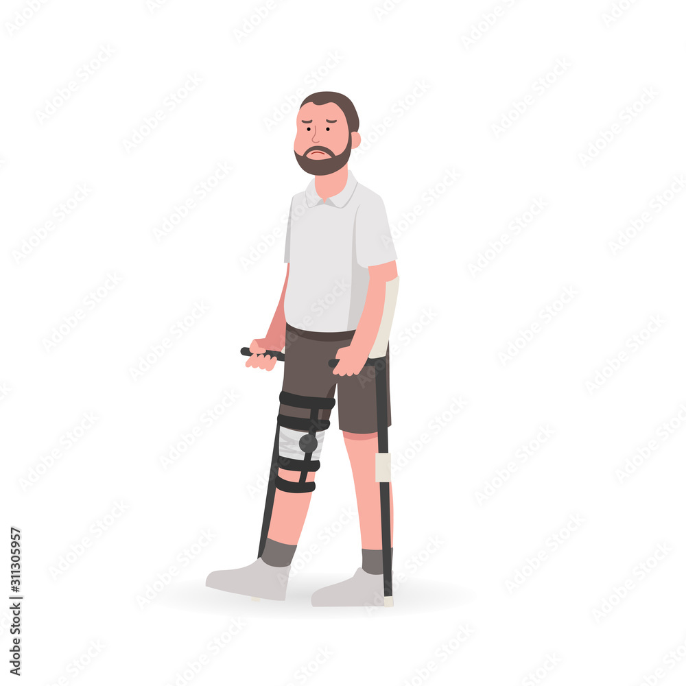 Man With Knee Injury During Rehabilitation With Walk Stick Illustration Man With Knee Injury During Rehabilitation With Walk Stick Illustration