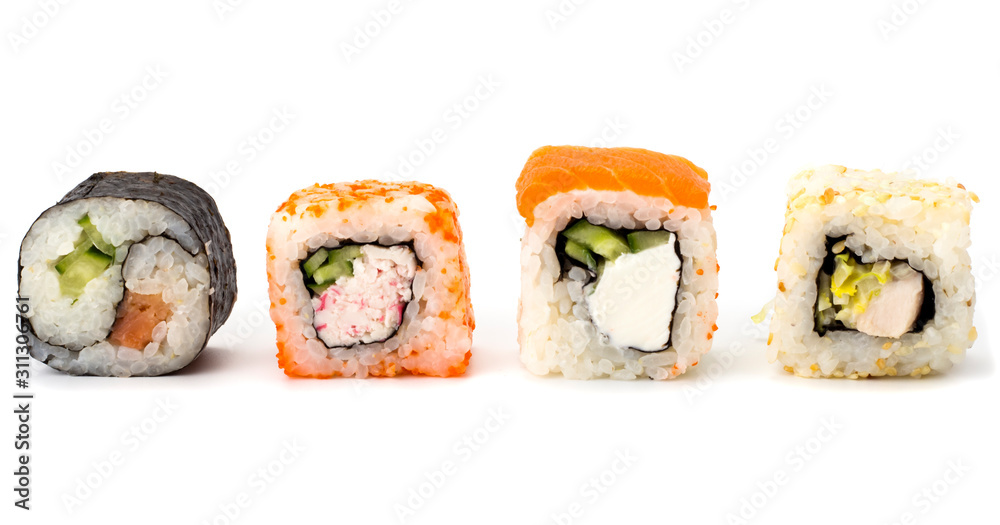 variety of sushi roll on white background Japanese cuisine variety of sushi roll on white background Japanese cuisine