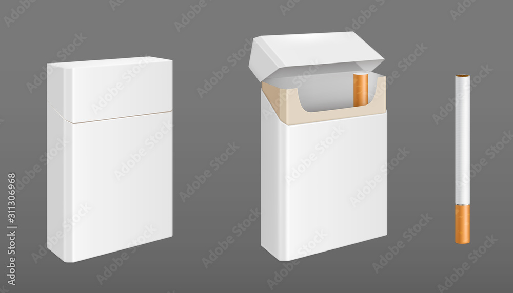 Open and closed pack of cigarettes with golden foil. Vector realistic mockup of white paper package with last cigarette and single one isolated on gray background Open and closed pack of cigarettes with golden foil. Vector realistic mockup of white paper package with last cigarette and single one isolated on gray background