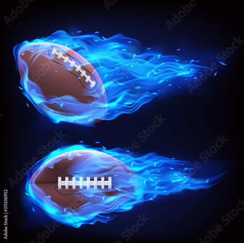 Flying rugby ball in blue fire isolated on black background. Vector realistic symbol of american football in plasma flame. Template for poster, banner for the match of sport tournament