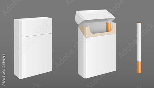 Open and closed pack of cigarettes with golden foil. Vector realistic mockup of white paper package with last cigarette and single one isolated on gray background