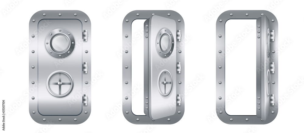 Obraz premium Metal door with porthole window in submarine closed and open. Vector realistic bunker or laboratory closed stainless entrance with rotary valve lock wheel isolated on white background