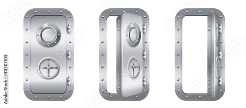 Metal door with porthole window in submarine closed and open. Vector realistic bunker or laboratory closed stainless entrance with rotary valve lock wheel isolated on white background
