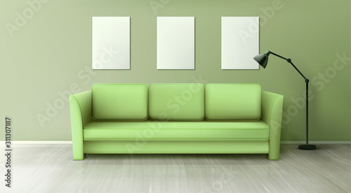 Interior with green sofa, lamp and blank white posters on wall in living room. Vector realistic couch for home, office or studio on wooden floor. Comfortable lounge for resting or waiting