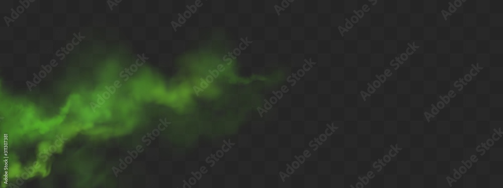 Green smog or fog cloud. Stink bad smell, smoke or stench gases. Vector realistic stream of chemical toxic vapour from left side isolated on transparent background
