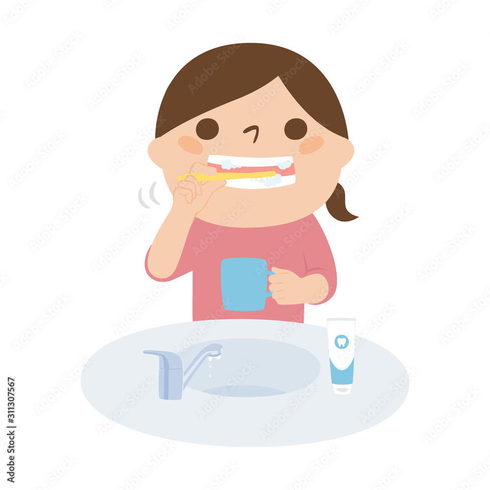 歯みがきをするイラスト 食後に歯みがきをする女の子 Stock Vector Adobe Stock