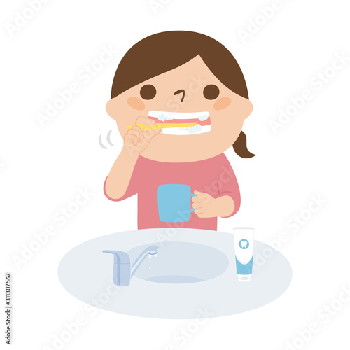 歯みがきをするイラスト。食後に歯みがきをする女の子。