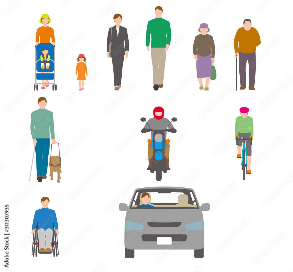人、自転車、自動車を正面から見たイラスト 人、自転車、自動車を正面から見たイラスト
