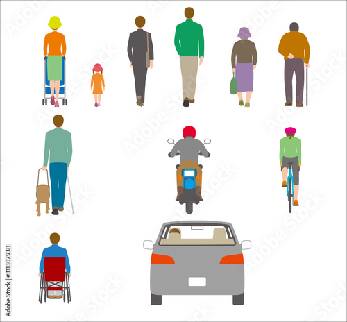 人、自転車、自動車を背後から見たイラスト