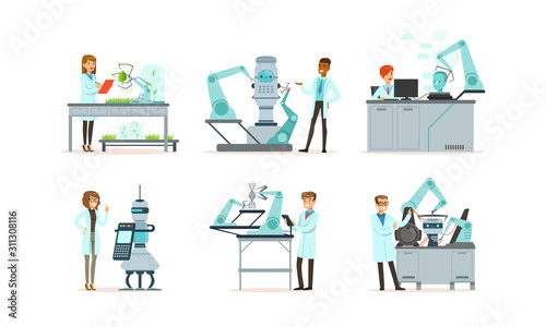Scientists Working in Laboratory with Robots Vector Illustrations Set
