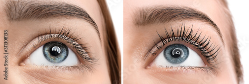 Fotografiet Beautiful young woman before and after eyelashes lamination, closeup