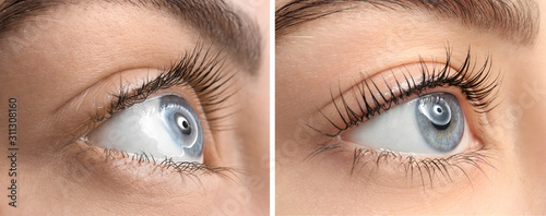 Beautiful young woman before and after eyelashes lamination, closeup