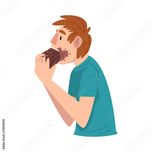 Guy Eating Chocolate with Face Dirty with Melt Chocolate, Sweet Tooth Man Greedily Devouring Sweets Cartoon Vector Illustration