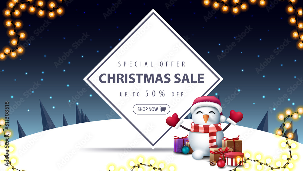 Special offer, Christmas sale, up to 50% off, discount banner with snowman in Santa Claus hat with gifts and winter landscape on background with starry sky, pines and snow