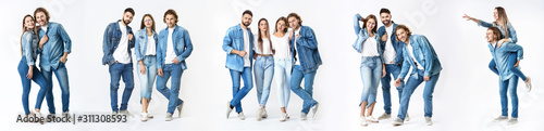 Collage with stylish young people in jeans clothes on white background photo