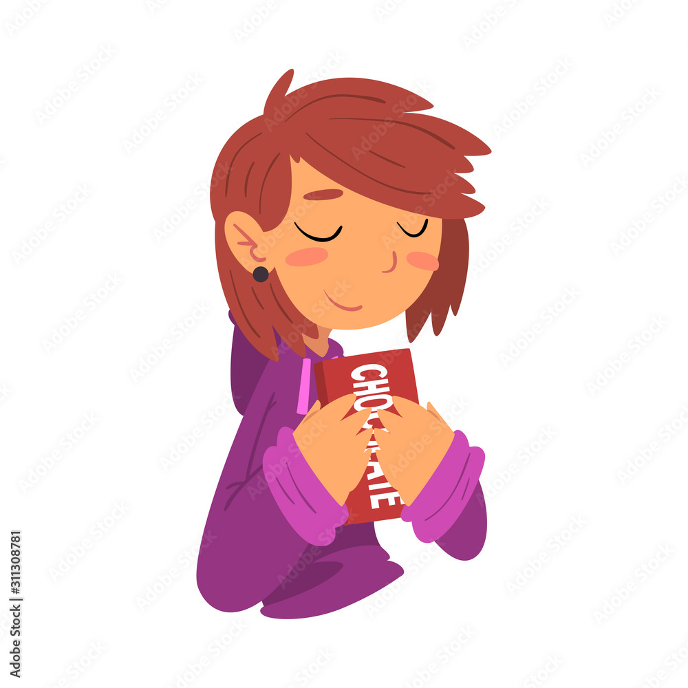 Girl Eating Chocolate, Funny Girl Cartoon Character Enjoying Eating Sweets Vector Illustration Girl Eating Chocolate, Funny Girl Cartoon Character Enjoying Eating Sweets Vector Illustration